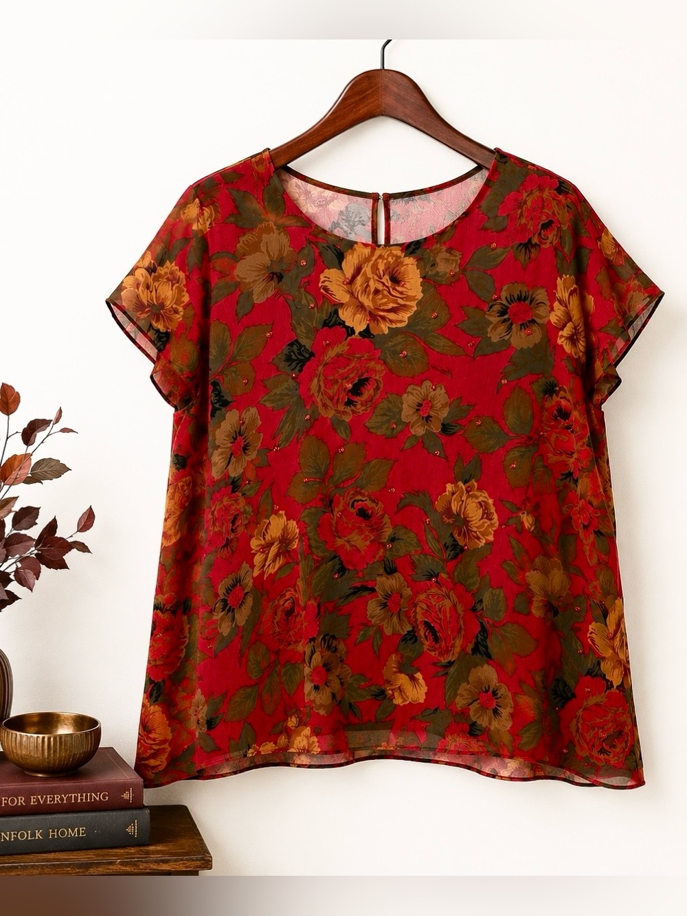 Vintage Rose Floral Sequin Chiffon Cap Sleeve Blouse 1X